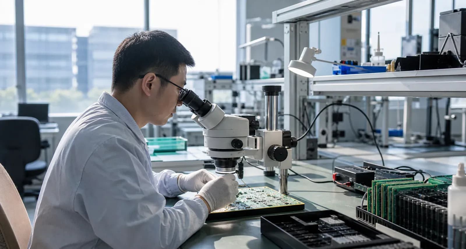 image-placeholder-2: 现代化工厂的质量检测室，工程师在显微镜下检查PCB板，日光照射下的工作场景