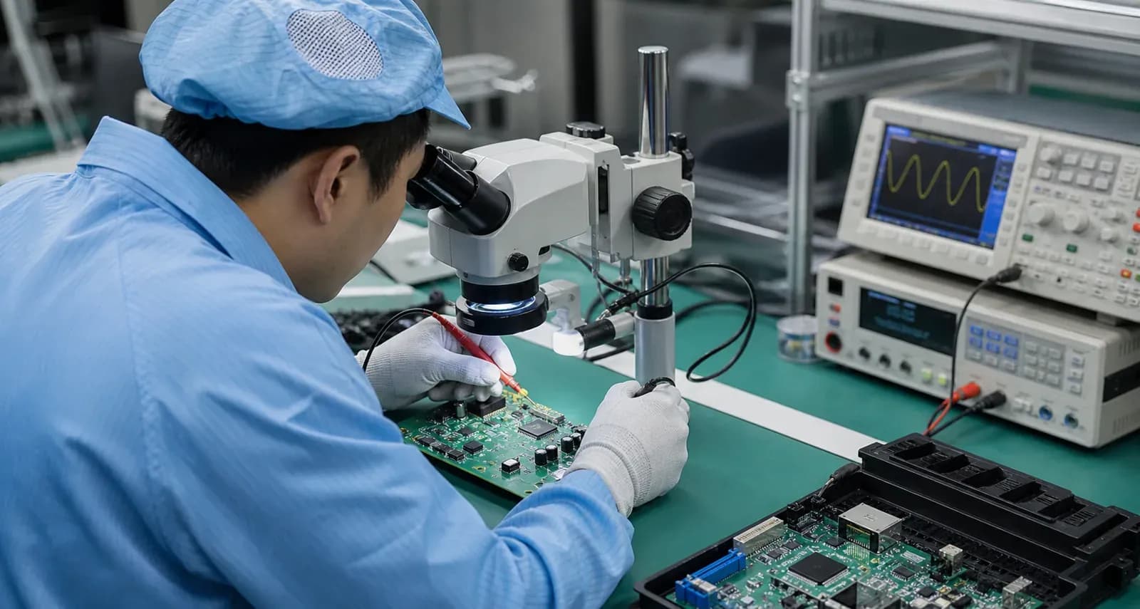 image-placeholder-2: 质检工作台，工程师检测 PCB 板卡，显微镜和测试仪器可见