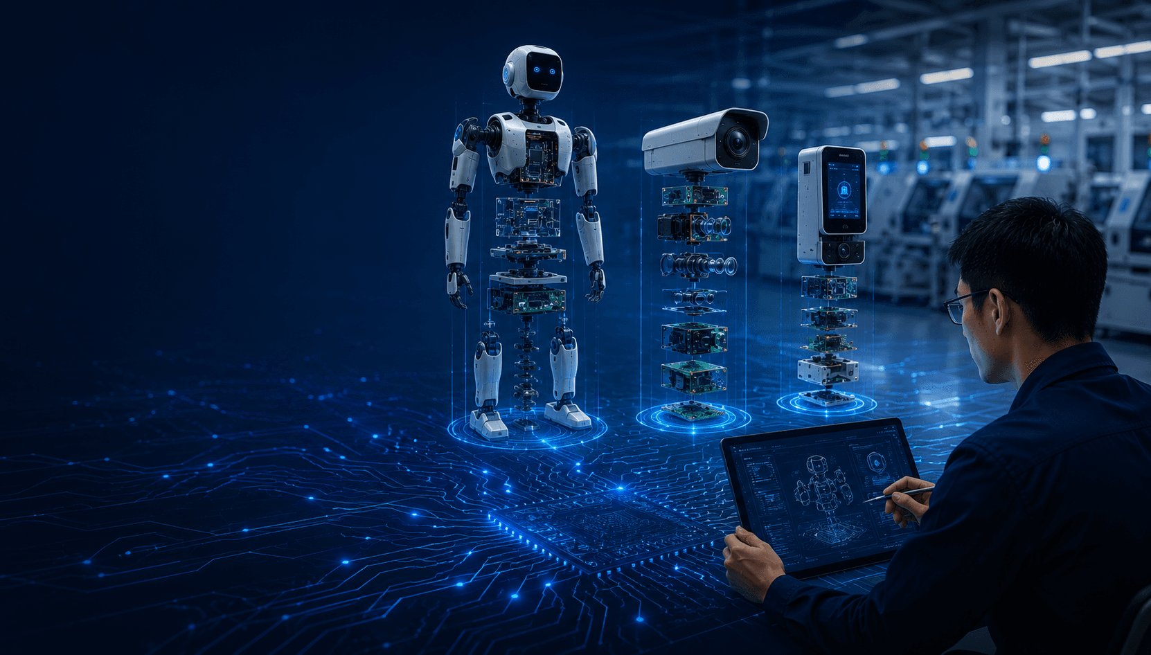 工程师查看 AI 机器人、工业设备和智能硬件 3D 模型,背景为发光 PCB 线路与虚化 SMT 产线
