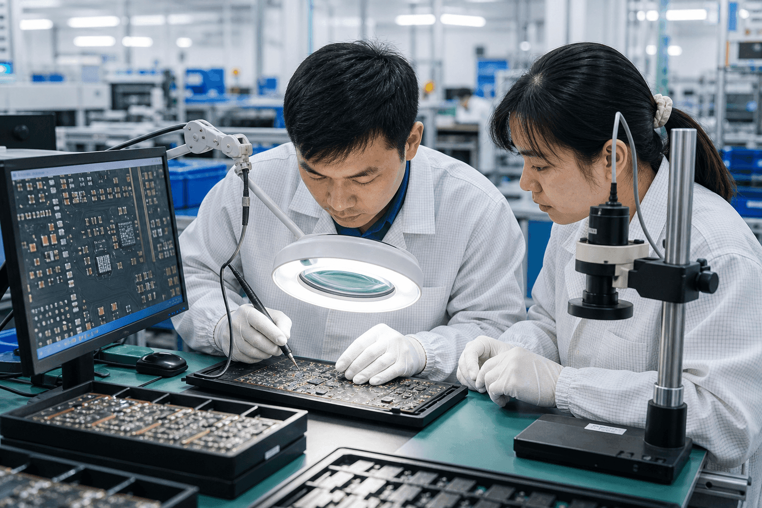 image-placeholder-1: 精密电子制造车间,技术人员在检测 PCB 板卡,工业场景摄影